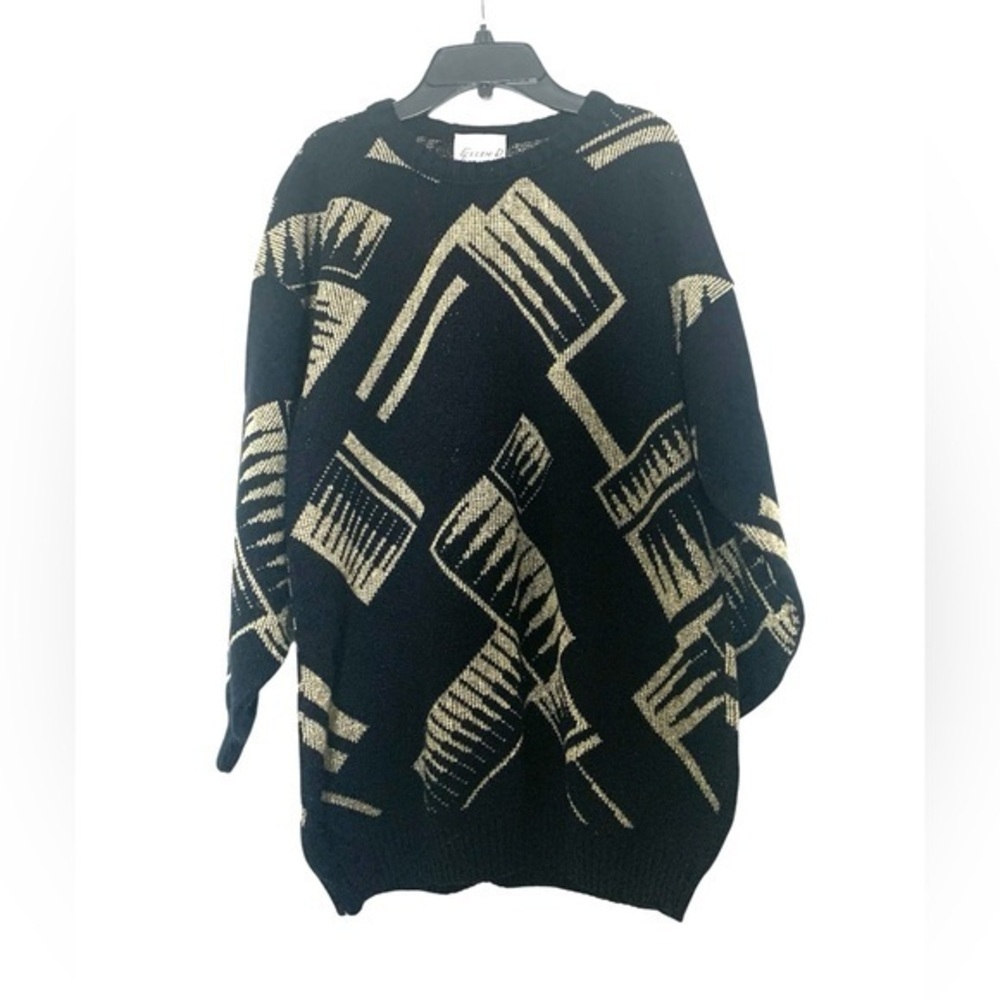 New Vintage Ellen D Collection Abstract Sweater Mini Dress Black Gold Large